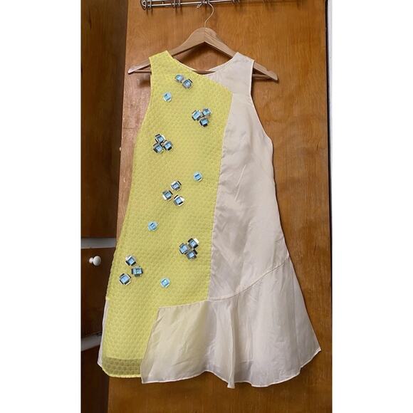 3.1 Philip Lim Yellow Silk Sequin Asymmetrical Dress Sculptural Mod Artsy Sz 6 - Picture 2 of 9